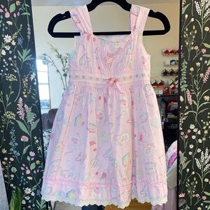 Polly&Friends Girls Pastel Pink Tea Cups Printed Sundress with Lace Trim size 7